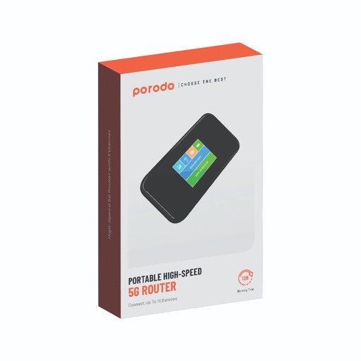 [9308] Porodo Portable High-Speed 5G Router | Up to 16 Devices | 40 Meter Signal Distance | Nano-Sim | 2.4/5GHz | 12 Hours Working Time | 12 Months Warranty | PD-5GMIFI-BK |