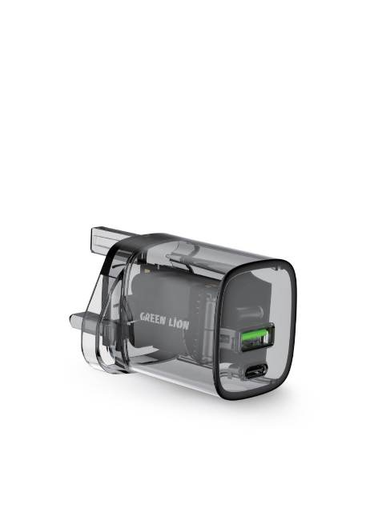 [9392] Green Lion Transparent Wall Charger | 33W Fast Charging | USB + Type-C Ports | Multiple Protection | Innovative Design | GNTRWC33WBK |