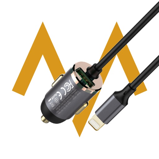[9433] الدرب | شاحن سيارة مع كابل Lightning مدمج بقوة 20 واط ومنفذ USB بقوة 18 واط للشحن السريع (7MD-QO3)