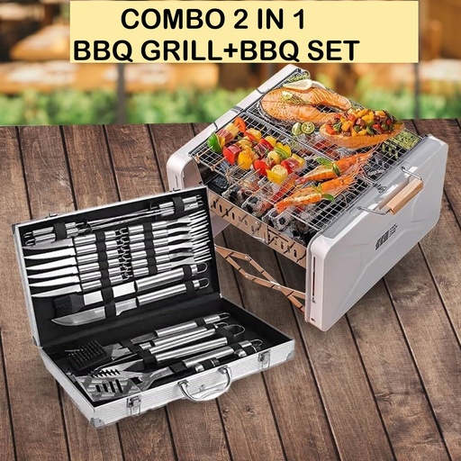 [9600] 2 in 1 Stainless Steel BBQ Tools Set with Aluminum Case + Suitcase Folding Carbon Oven BBQ Grill (LX26+TXZ-WK310096-1)