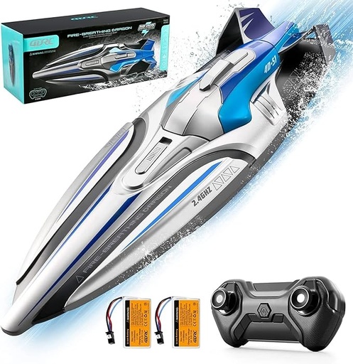 [9603] Fire Breathing Dragon 2.4GHZ Remote control Racing Boat Double Motor Drive High-speed Racing RC Boat 30KM/H Sealed Waterproof Intelligent Alarm LED Night Light 14+AGES (4D-S1)