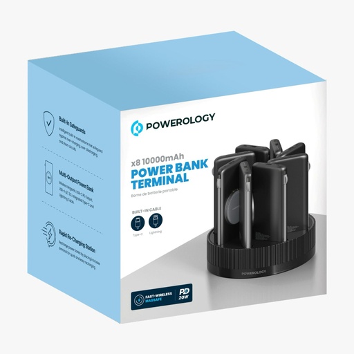 [9723] Powerology 8 in 1 10000mAh Power Bank Terminal PD20W Fast Charging with Built In Type C & Lightning Cables |PPBCHA2681BK|