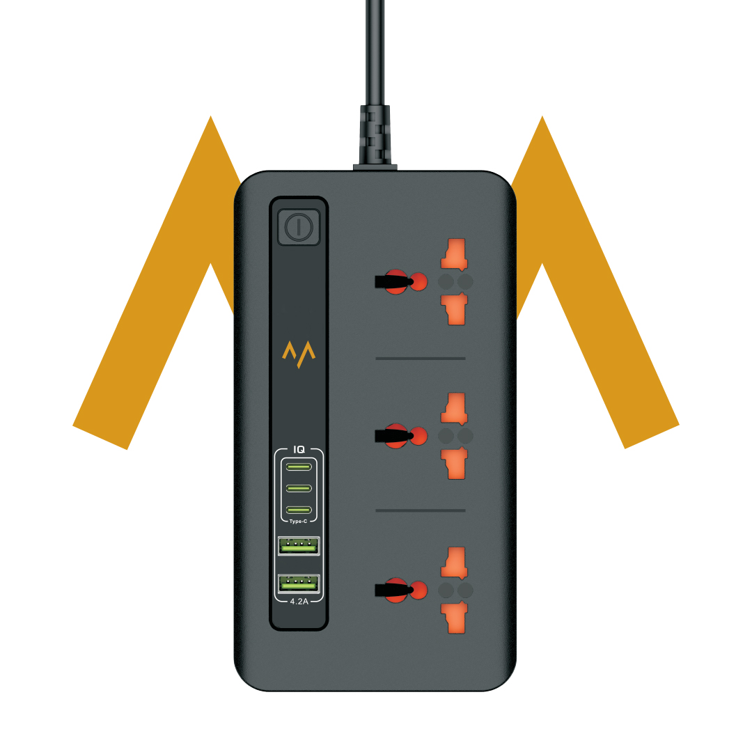  المحول الثلاثي | محول ثلاثي المنافذ من 7MD بقوة 3000 واط مزود بمنفذين USB و 3 منافذ Type-C للشحن السريع | 7MD04 |