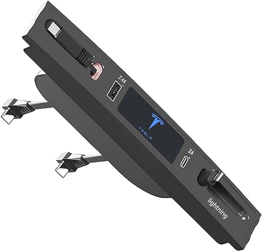 [9819] Retractable Hub Charging Station For Tesla Model 3/Y2021-2022 With Lightning & Type-C Cables