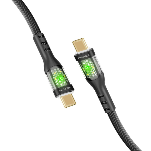 [9917] Promate 60W Power Delivery Ultra-Fast USB-C Cable with Transparent Shells, LED Lights, 2m Length | TransLine-CC200 |