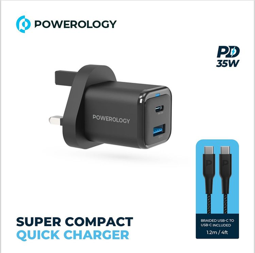 [10179] Powerology Dual Port Super Compact 35W Quick Charger With USB-C to USB-C cable included |PWC023|| PWCUQC023-C |