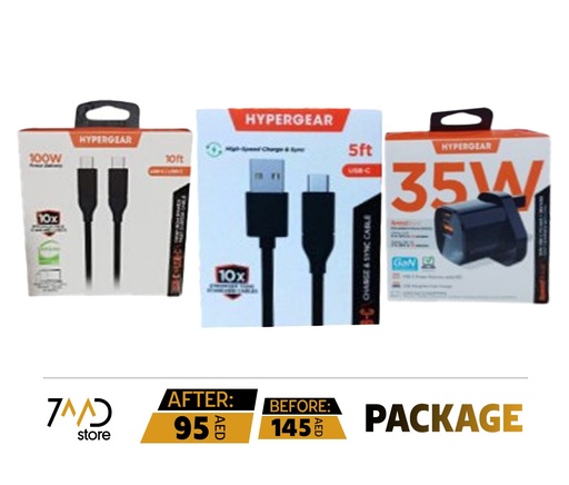 [P114] HyperGear 3 in 1 Package Includes 100W USB-C to USB-C + USB to USB-C Charge & Sync Cable + 35W Dual-Port Gan Technology Fast charger