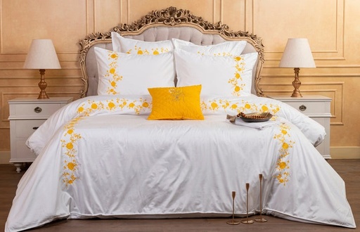 [11494] Glinens Tara Roses 240x260cm Egyptian Cotton Bed Set 100% Sateen 600 Thread Count Embroidered Duvet Cover Set Durable & Soft Touch Comfort - Mustarda