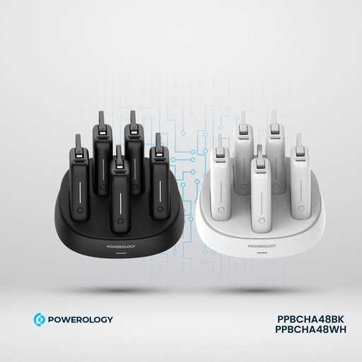 [11496] Powerology 5 x 10000mAh Power Bank Station PD 20W Recharging Base High Speed Charging Built In Type C Cable Multi Device Support 60W Output |PPBCHA48BK/WH|
