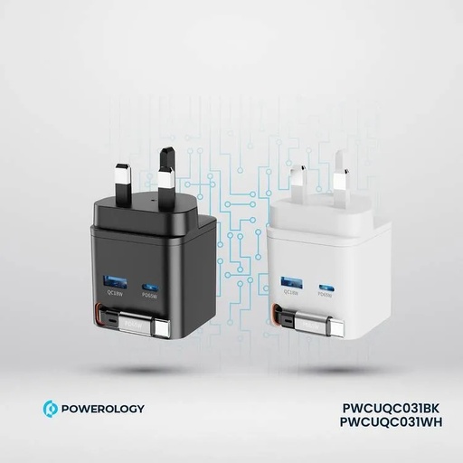 [11519] Powerology Dual Port Retractable GaN Charger 65W Fast Charging USB C & USB A Ports 3 Device Charging 75cm Retractable Cable Fireproof Design |PWC031||PWCUQC031|