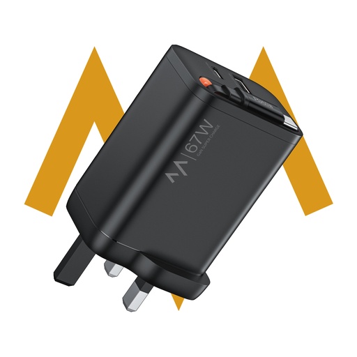 [11539] 7MD 67W GaN Fast Charger Built in Retractable Type C Cable 3 Ports Simultaneous Charging UK Plug Ultra Fast Charging for Laptops Phones and Tablets |7MD2493|