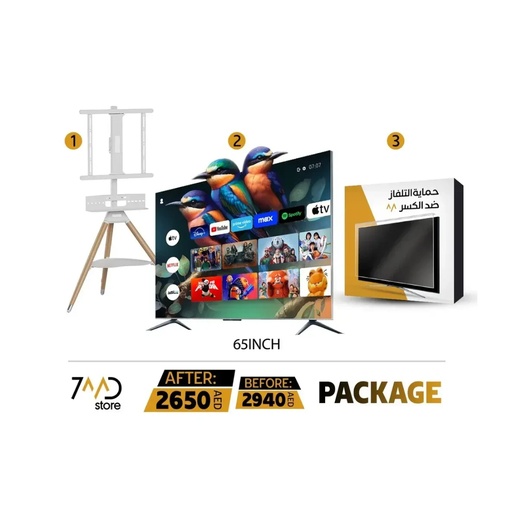 [P132] 7MD Package Contains 1 x 7MD 65'' Ultra Clear Screen Protector 1 x 7MD 65'' 4K UHD QLED Smart TV With 1 Year 7MD Subs and 1 x 7MD TV Stand with Mount for 32"-65" TVs