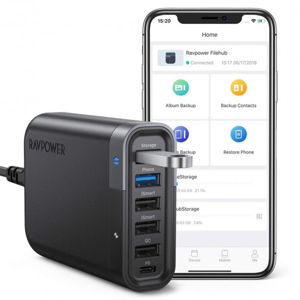 RAVPower RP-UM002 USB C Wall Charger 60W 6 Port with Quick Charge 3.0,Multi Device Backup Function and iSmart Multiple Port, 24W Power Delivery Desktop USB Charging Station Filehub for Phone and Tablet