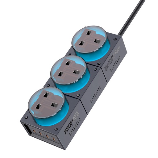 [11669] Promate 240W GaNFast Multi Port RGB Desktop Charging Station with PD140W USB C Triple 3250W UK AC Sockets 11 Mode RGB Lighting Adaptive Fast Charging Overload Protection 3 Meter Cable |PowerBrix-GaN240|