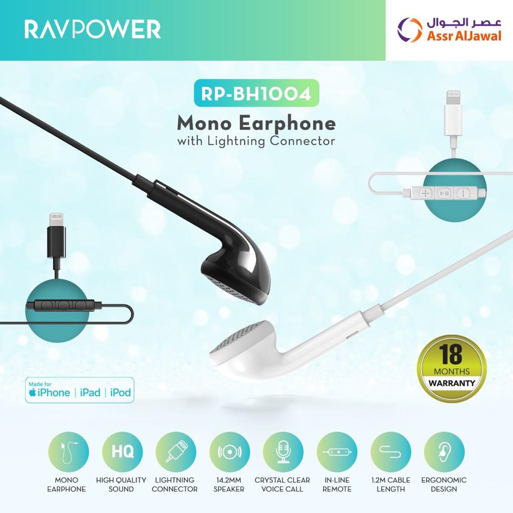RAVPower Mono Earphone with Lightning Connector iPhone Compatible Single Earbud In Line Remote Control 14mm Driver Plug and Play Hands Free Design |RP BH1004|