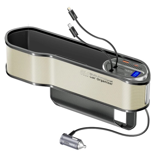 [11715] Promate 65W Car Organizer Charging Station with USB C and Lightning Retractable Cables Multi Port Charger with Storage for Cars - CarMate-RPD