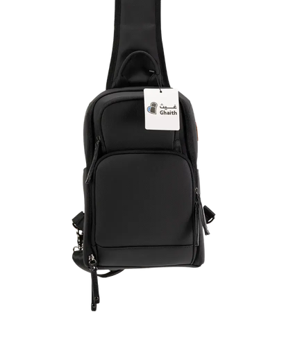 [GH069] Ghaith & Qalby Etmaan Crossbody Sling Bag Black Leather Canvas Water Resistant Lightweight Travel Shoulder Bag with Adjustable Strap and Multiple Pockets