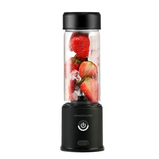 [11737] Powerology 6 Blade Portable Juicer 450mL 126W Rechargeable USB Type C Blender with Dual 2500mAh Battery Stainless Steel Ice Crushing Blades Borosilicate Glass Container |PN6BPJBK|