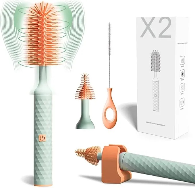 AMOR TINY Electric Bottle Brush – USB Rechargeable with 360° Rotation & Replaceable Heads for Bottles & Cups