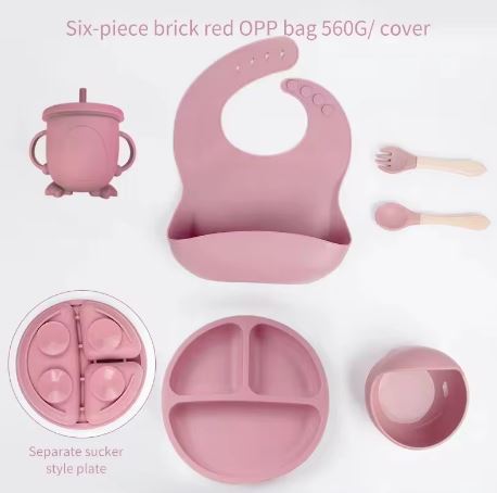 [11881] AMOR TINY 6-Piece Silicone Baby Feeding Set – Suction Bowl, Divided Plate, Bib, Cup & Training Cutlery for Toddlers