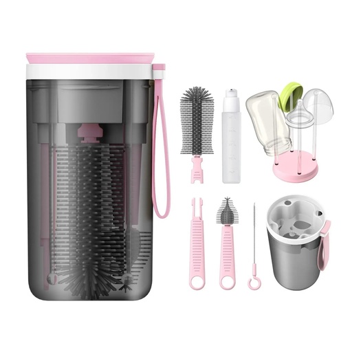 [11907] AMOR TINY 6-in-1 Travel Baby Bottle Cleaning & Drying Set – Long Handle Silicone Brushes with Nipple Cleaner & Drying Rack