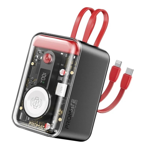 [12011] PROMATE 65W PD 20000mAh Power Bank – Transparent Design, Multi-Device Charging, Built-in USB-C & Lightning Cables | Mavrix-20 |