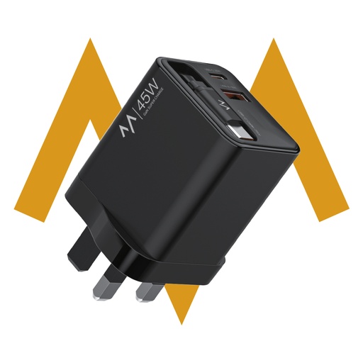 [12107] 7MD 45W GaN Fast Charger with Built-In Stretchable Type-C Cable – Dual USB-C & USB-A Ports, 3-Port Simultaneous Output, Compact Design, British Plug | 7MD46225 |