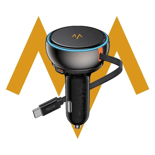 [12110] 7MD Car Charger – PD 45W Fast Charging, 81W Total Power, Dual USB-A + USB-C Ports, Built-in Type-C Stretchable Cable, LED Ambient Light | 7MD47025 |
