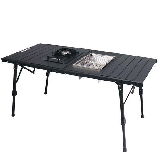 [12146] Porodo Lifestyle Outdoor Folding Table with Stove & Grill - 127×60×40 cm, Adjustable Height 65 cm, Gas Compatible | PDLFSTHGFT28BK |