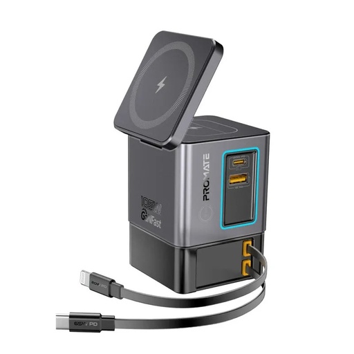 [12217] Promate 105W GaNFast Multi-Port Wireless Charging Station with Dual Retractable Cables | PowerSync-105 |