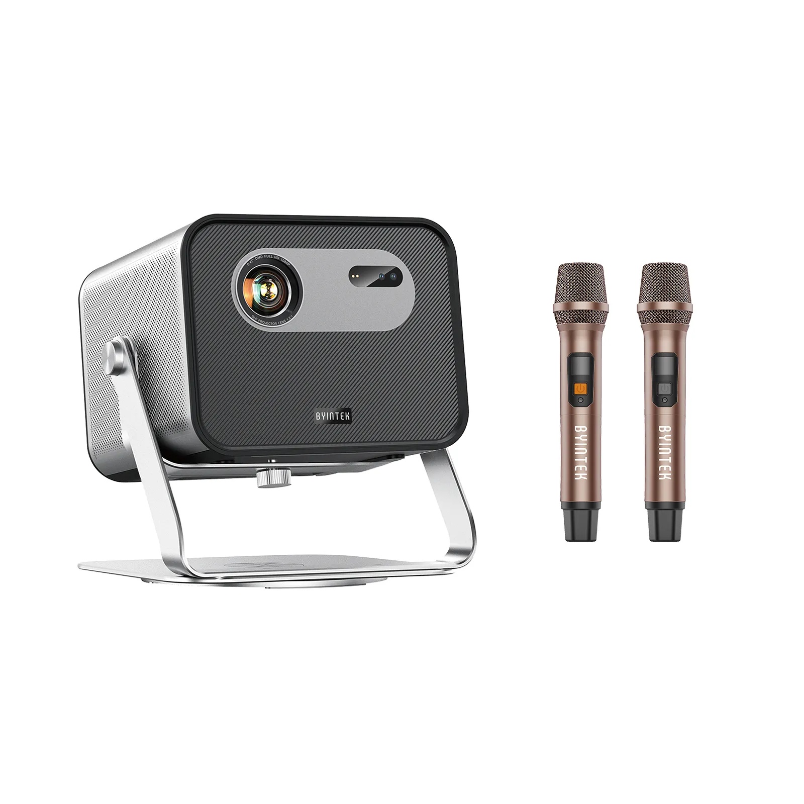 Byintek Smart WiFi DLP Projector with 2200 ANSI Brightness, Full HD 1080P, Google TV 11.0, PTZ Stand and Dual Wireless Microphones for Karaoke & Home Cinema With One Year Free SUB | UFO R90 Max |