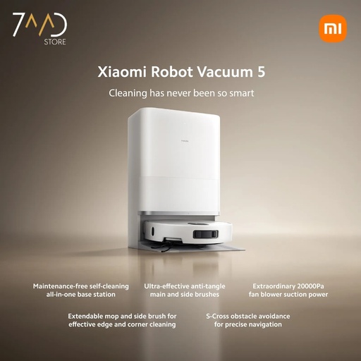 [12257] Xiaomi Robot Vacuum 5 – 20,000Pa Strong Suction, LDS Navigation, Anti-Tangle Brush, All-in-One Dock, Smart App & Voice Control | OV31GL |