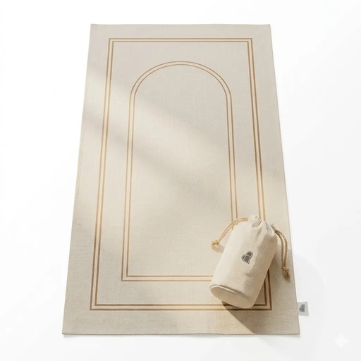 [GH077] Ghaith & Qalby Etmaan Prayer Mat – 100% Cotton Linen with Embroidered Logo & Carry Bag