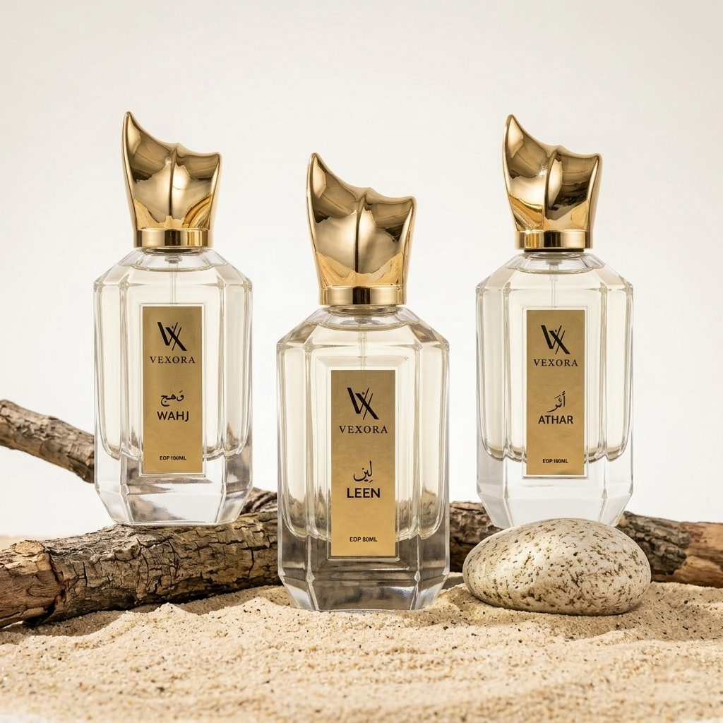 عطر VEXORA بسعة 80 مل – مجموعة عطور فاخرة (وهج / لين / أثر) بثبات يدوم طويلًا