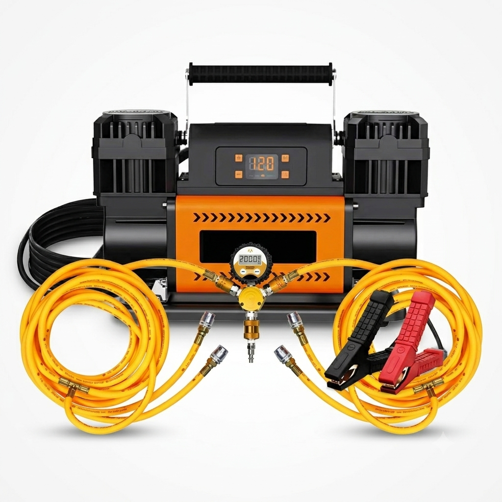 7MD Off-Road Tire Inflation Kit - Portable 150 PSI 12V Air Compressor with Digital Display, 300 LPM Air Flow, Dual-Sided 4-Tire Inflation & Deflation Equalizer System | 7MDPACKGE |