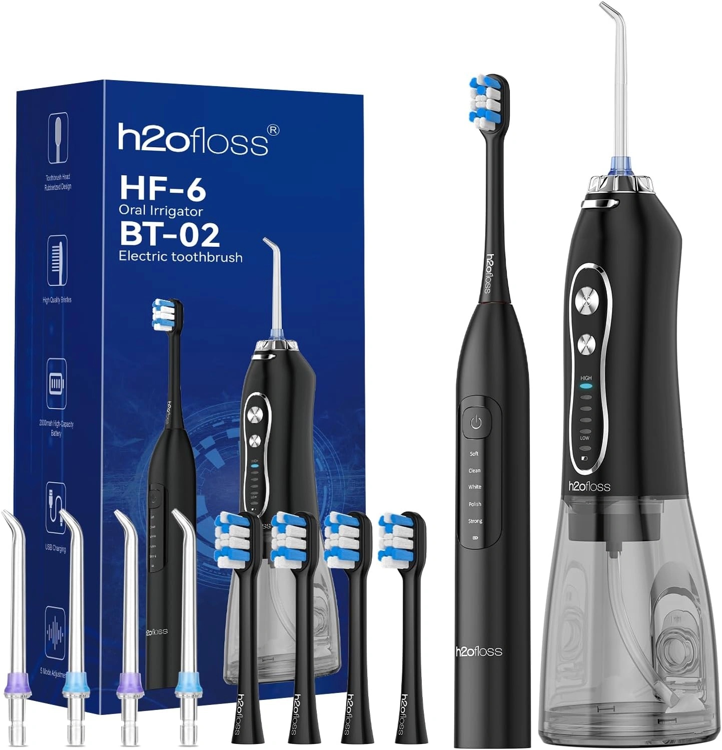 h2ofloss Oral Care Combo Set with Water Flosser & Electric Toothbrush, 300ml Water Tank, 5 Cleaning Modes, 2000mAh Battery & IPX7 Waterproof - Complete Dental Care Kit | HF-6 & BT-02 |