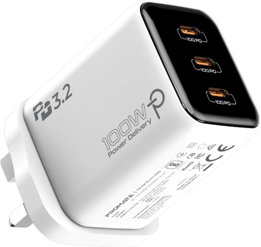 [12544] Promate 100W PowiGaN USB-C Charger, 3 Ports, PD 3.2, PPS & AVS, Smart Power Distribution, AI Thermal Protection | Quantum-100 |