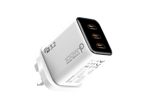 [12544] Promate 100W PowiGaN USB-C Charger, 3 Ports, PD 3.2, PPS & AVS, Smart Power Distribution, AI Thermal Protection | Quantum-100 |