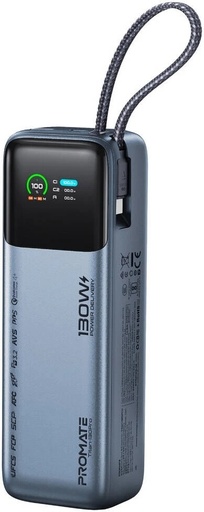 [12546] Promate 20000mAh Power Bank, 130W Total Output, 100W USB-C PD, Built-In Braided Cable, 22.5W USB-A, 65W Fast Recharge, TFT Display | Titan-130Pro |