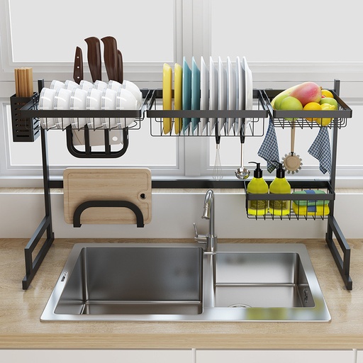 [5897] Black 65/85cm Stainless Steel Kitchen Dish Rack U Shape Sink Drain Rack Two layers Kitchen Organizer Shelf Storage Holder